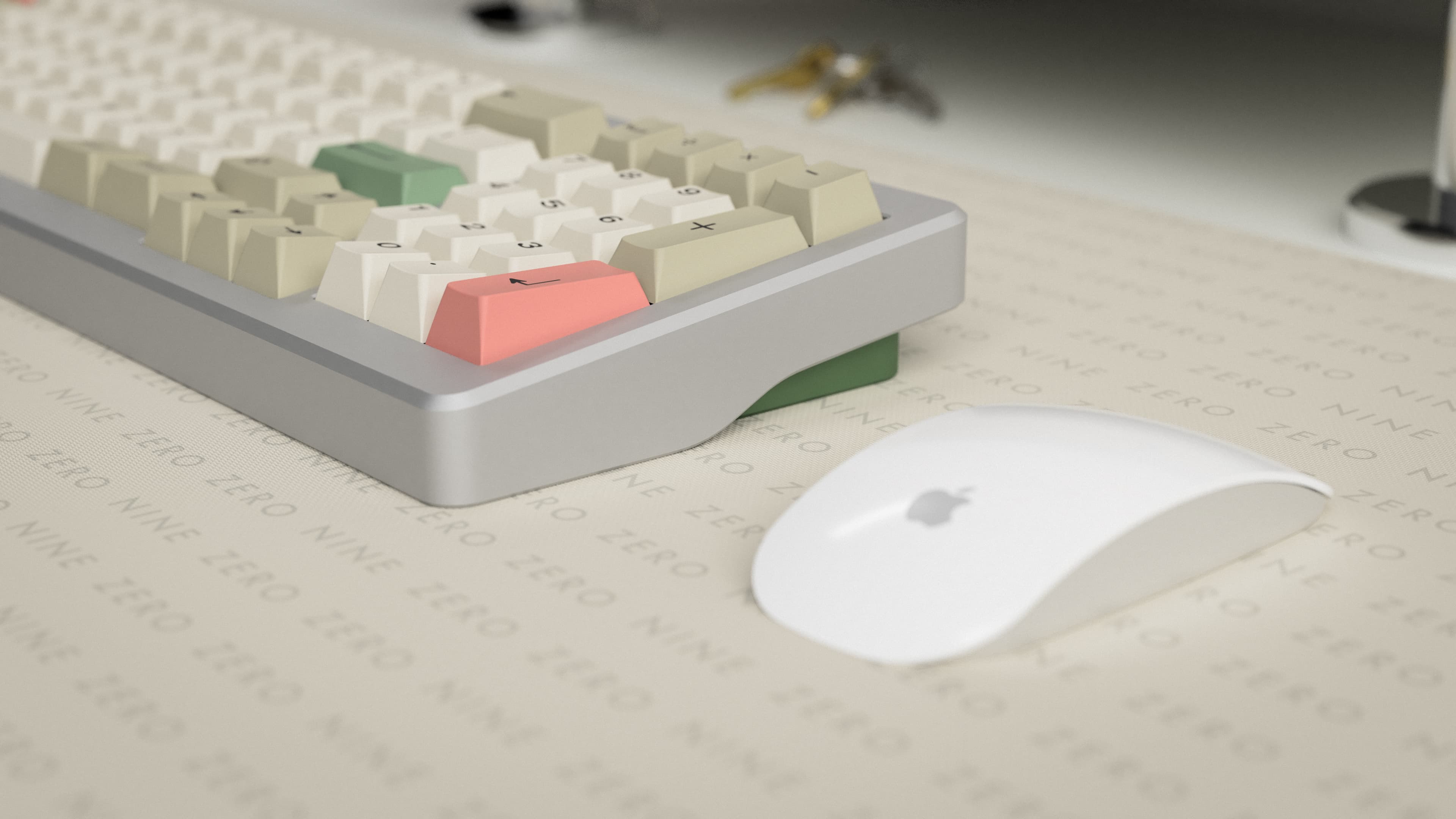 GMK 9009 R3 Dharma deskmat angle view