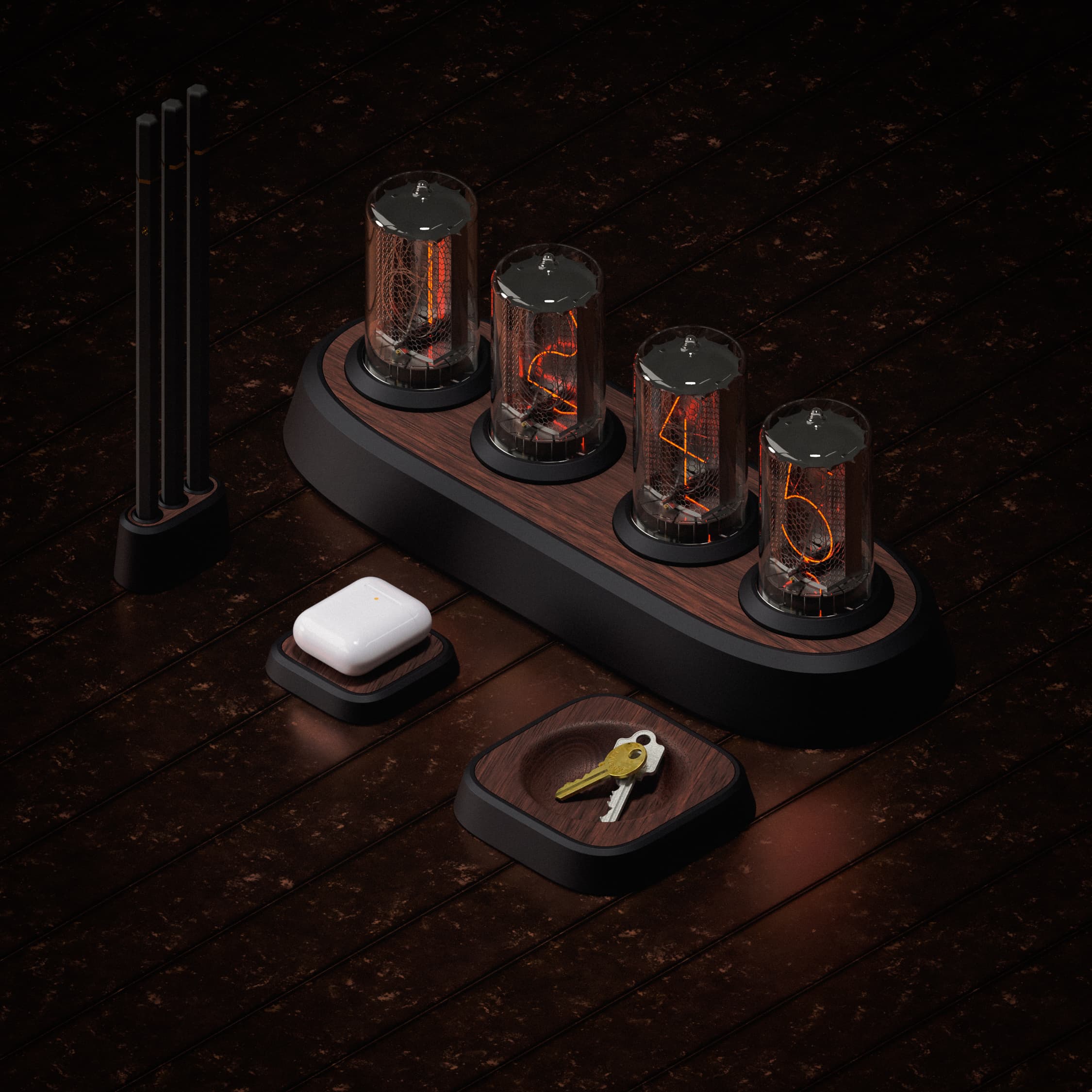 Render of Nix Nixie clock with other items